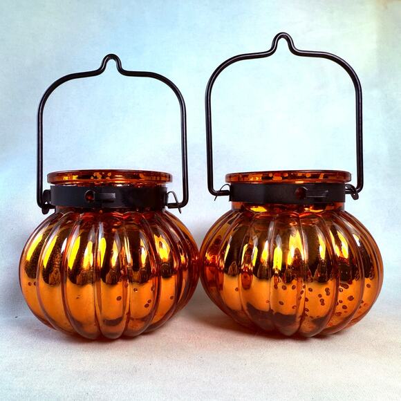 Autumn Orange Glass Round Pumpkin Candle Holders Set Of Two - Picture 1 of 2